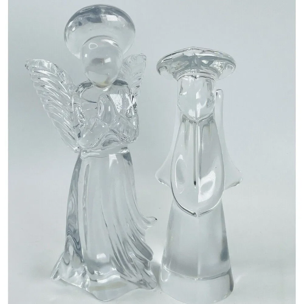 Pair Vtg Heavy Clear Glass Angel Figurine 7.5